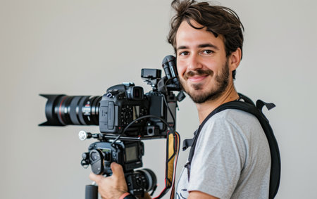 Young videographer with headphones operating a professional video camera on a rigの素材