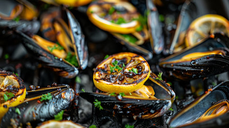 Close-up of grilled mussels with herbs and charred lemons, vibrant seafood dishの素材