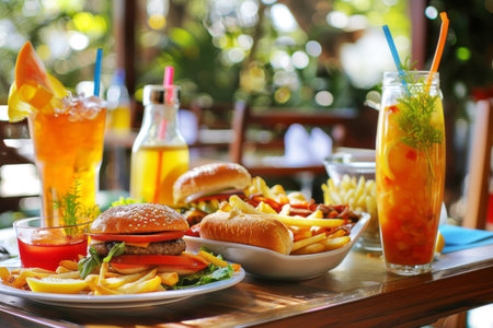A vibrant display of fast food items including burgers, fries, and drinks on a table with a blurred backgroundの素材