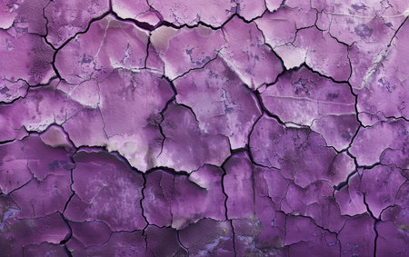 This distressed mural of purple paint showcases a fragmented texture filled with stories and character. The cracked surface becomes an artwork of time's influenceの素材