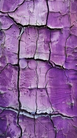 A vibrant purple surface shows a complex network of cracks and chips. The texture highlights the beauty of decay and the passage of timeの素材