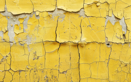 A vivid yellow paint layer cracks and peels, offering an abstract mosaic of color and texture. The image captures the intriguing effects of weathering on surfacesの素材