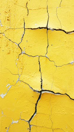 Mustard yellow paint shows a labyrinth of cracks, creating an intricate pattern of wear. The image reflects the unpredictable beauty of aging materialsの素材