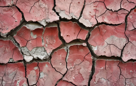The red paint on this wall is crumbling away, exposing the underlying surface and creating a stark contrast of textures. It reflects the beauty of imperfectionの素材