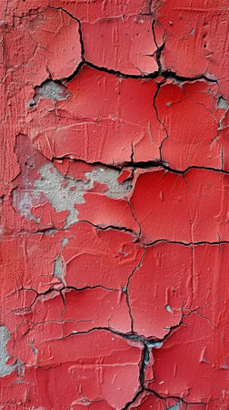 Aged red paint peels and cracks on a wall, revealing layers of history and decay. The textured surface tells a story of time's relentless passageの素材
