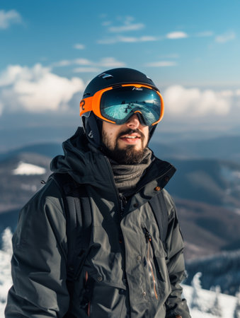 A skier pauses to gaze upon the tranquil expanse of snow-covered mountains, immersed in the peaceful solitude of the vast winter landscapeの素材