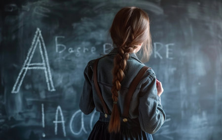 A pensive girl with a braided hair stands in front of a chalkboard, reflecting on the academic challenge before her.の素材