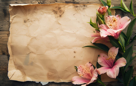 Delicate pink Alstroemeria flowers rest against a backdrop of vintage parchment on a rustic wooden surface, creating a nostalgic and romantic composition.の素材