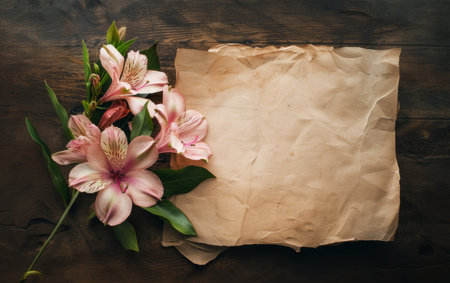Delicate pink Alstroemeria flowers rest against a backdrop of vintage parchment on a rustic wooden surface, creating a nostalgic and romantic composition.の素材