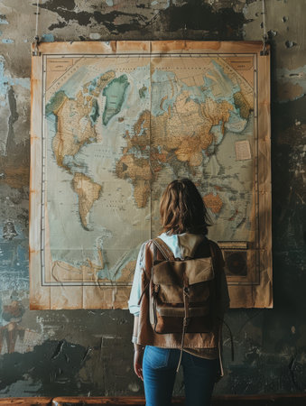 A young woman stands before a large world map, her back facing the camera. She appears absorbed in thought, possibly planning her next adventureの素材