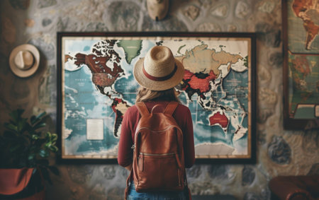 A traveler in a straw hat is engrossed in studying a colorful wall map, contemplating her next destination. The map invites a sense of wonder and explorationの素材