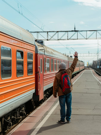 A child bundled up in winter clothing extends a hand high to wave at a departing orange train on a clear dayの素材