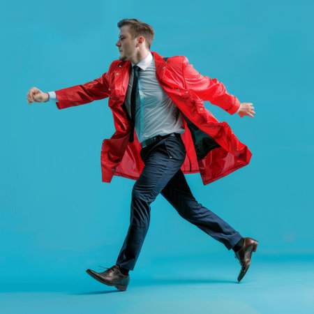 A spirited young professional charges forward in a red cape, briefcase in hand, on a teal background, signifying the pace energetic of contemporary business life.の素材