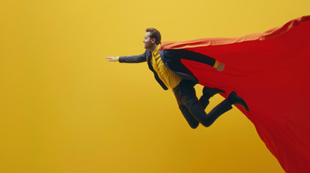 A superhero with a flowing red cape streaks across a bright yellow backdrop, his pose suggesting swift motion and a daring spirit. The scene radiates energy and powerの素材