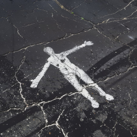 Chalk outline of a human figure on dark asphalt, reminiscent of a crime sceneの素材
