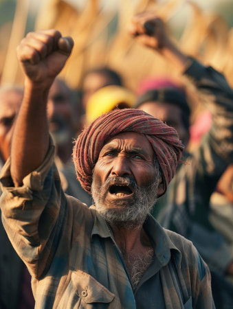 Close-up of a farmer with a striped turban, his fist raised in a powerful protestの素材