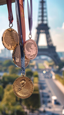 A realistic photo of medals hanging with the Eiffel Tower in the soft-focused background, highlighting the beauty of Paris and the prestige of the Gamesの素材