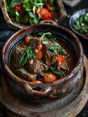 Malagasy romazava, a traditional beef stew with mixed greens and tomatoes, served in a clay pot. A flavorful dish from Madagascarの素材