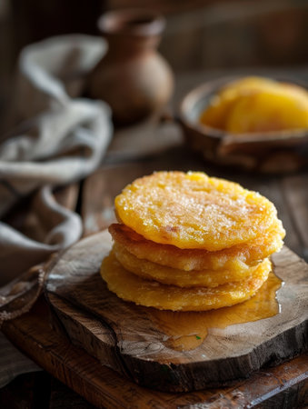 Paraguayan chipa guasu, a corn cake similar to cornbread, presented on a rustic wooden board. A traditional and flavorful dish from Paraguayの素材