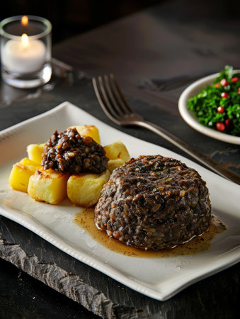 Scottish haggis, served on a white platter with neeps turnips and tatties (potatoes). A traditional and hearty dish from Scotlandの素材