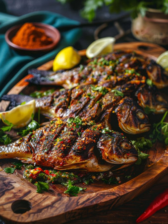 Iraqi masgouf, grilled carp seasoned with tamarind and turmeric, served on a wooden platter. A traditional and flavorful dish from Iraqの素材