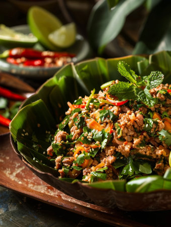 Laotian larb, spicy minced meat salad with lime and herbs, served in a banana leaf bowl. A traditional and flavorful dish from Laosの素材
