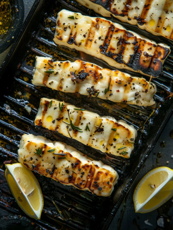 Cypriot halloumi on a grill, served with lemon wedges and a drizzle of olive oil. A delicious and traditional dish from Cyprusの素材