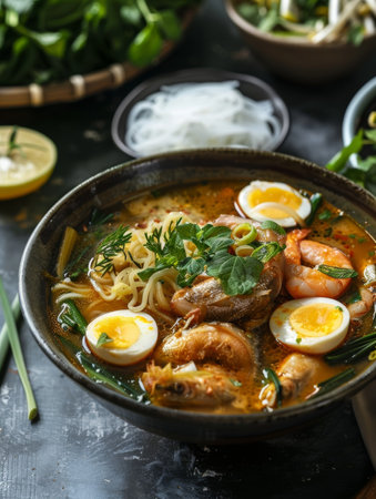 Myanmar mohinga, fish broth soup with noodles and lemongrass, served in a bowl. A traditional and flavorful dish from Myanmarの素材