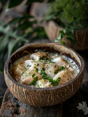 Fijian kokoda in a coconut bowl, raw fish marinated in lime juice and coconut milk. A traditional and refreshing dish from Fijiの素材