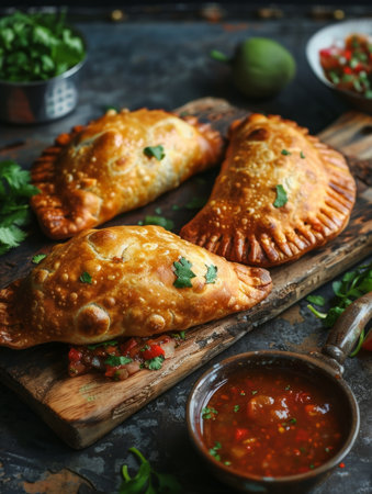 Chilean empanadas on a rustic wooden board, with a side of pebre sauce. A traditional and flavorful dish from Chileの素材