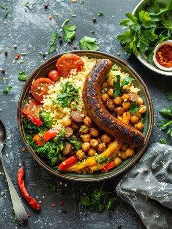 Algerian couscous in a large bowl, with vegetables, chickpeas, and spicy merguez sausage. A flavorful and traditional dish from Algeriaの素材