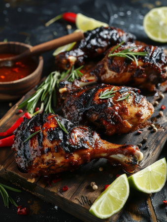 Jamaican jerk chicken on a wooden plank, with charred limes and a spicy sauce. A flavorful and traditional dish from Jamaicaの素材