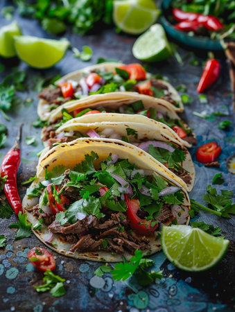 A vibrant display of Mexican tacos with fresh cilantro, onions, and lime slices. A colorful and flavorful representation of traditional Mexican street foodの素材