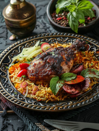 Authentic Kuwaiti machboos, a fragrant and flavorful spiced rice dish with tender chicken or lamb, beautifully presented on a decorative plate - a mouthwatering representation of the traditionsの素材