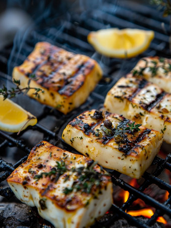 Authentic Cypriot halloumi cheese, grilled to perfection and served with fresh lemon wedges and a drizzle of fragrant olive oil - a mouthwatering representation of the rich culinary traditionsの素材