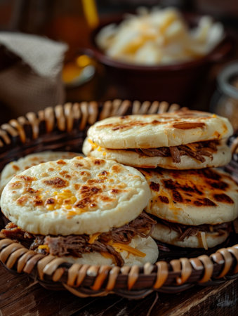 Authentic Venezuelan arepas, freshly made cornmeal cakes stuffed with a variety of savory fillings like cheese, pulled pork, or beans, presented in a woven basketの素材