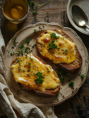Welsh rarebit, a classic British dish of toasted bread topped with a rich, savory cheese sauce, served on a vintage ceramic plate. The traditional flavors and textures of Welsh culinary heritageの素材