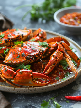 Singaporean chili crab, a beloved regional delicacy, served piping hot on a plate with a vibrant tomato-chili dipping sauce and fresh herbs. The bold tastes of Singaporean cuisineの素材