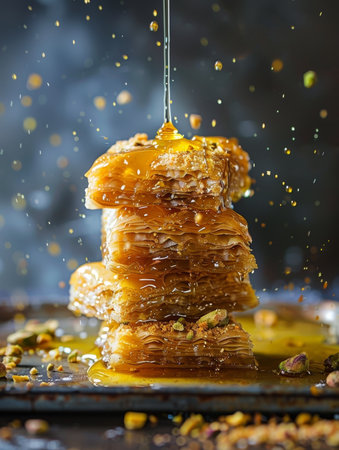 Towering Turkish baklava, with its delicate phyllo dough layers, drizzled in sweet honey and sprinkled with crunchy crushed pistachios - a decadent and authentic Middle Eastern dessertの素材