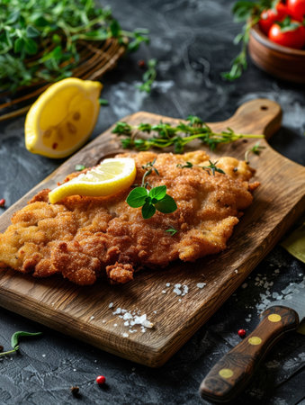 Classic German schnitzel, a tenderized pork cutlet that's breaded and fried to golden perfection, served on a rustic wooden cutting board with a fresh lemon wedge - a hearty traditional European dishの素材