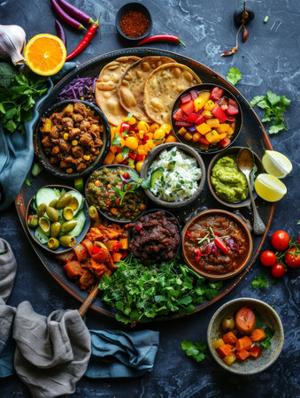 A traditional Ethiopian injera platter featuring a variety of spicy stews and vibrant vegetable side dishes. This authentic, homemade spread showcases the rich and flavorful cuisine of Ethiopiaの素材