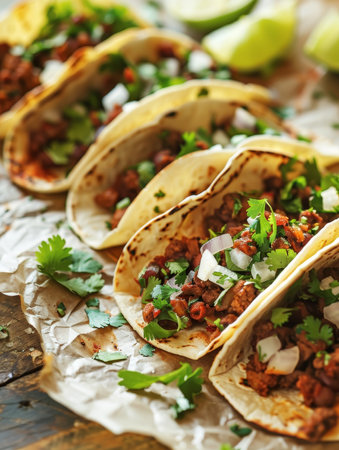 A vibrant display of authentic Mexican tacos, featuring a variety of fillings wrapped in soft corn tortillas and topped with fresh cilantro, onions, and tangy lime slicesの素材