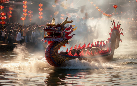 Majestic dragon boat with flames along its body, floating on tranquil waters at sunset, with silhouetted spectatorsの素材