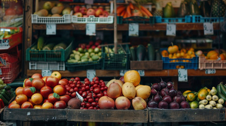 Vibrant array of fresh fruits and vegetables on display at a local market, showcasing natural abundance and varietyの素材