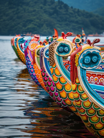 A close-up view of a dragon boats head with a backdrop of rowers on a tranquil lake during a festivalの素材