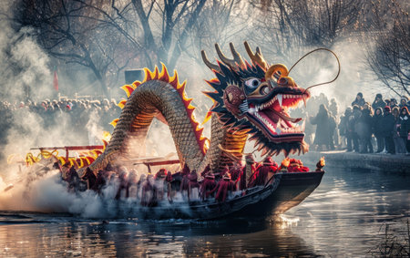 Majestic dragon boat with flames along its body, floating on tranquil waters at sunset, with silhouetted spectatorsの素材