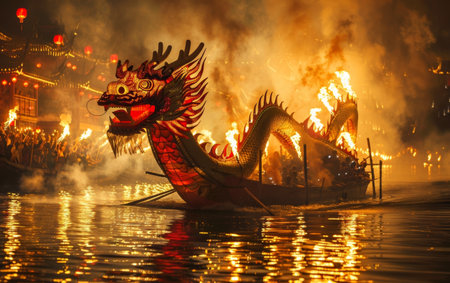 Majestic dragon boat with flames along its body, floating on tranquil waters at sunset, with silhouetted spectatorsの素材