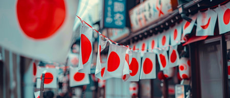 Red and white Japanese flags strung across a street, creating a festive atmosphere in a bustling urban areaの素材