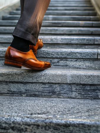 Close-up of a mans polished brown formal shoes ascending a flight of concrete steps, symbolizing progress and determinationの素材