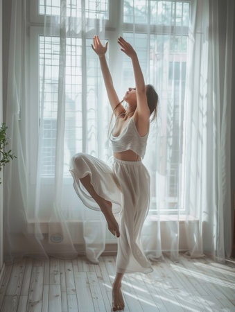 With grace and poise, a woman dances in a sunny room, her white attire complementing the ethereal quality of the light-filled spaceの素材